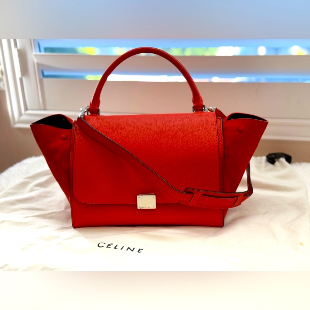 CELINE Trapeze Bag, Red/Orange, Calfskin/Suede Leather Medium, Silver hardware